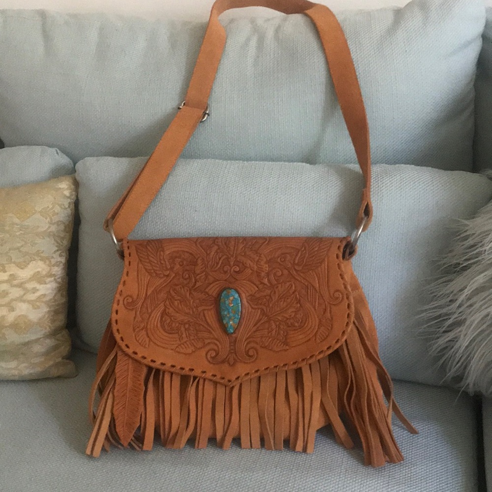 Jodilee Inca leather crossbody with turquoise stone and fringes